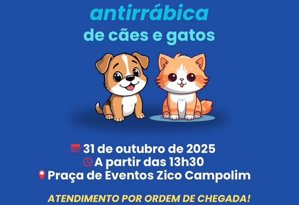Secretaria de Saúde realizará dia 31 de outubro vacinação antirrábica de cães e gatos na Praça de Eventos Zico Campolim