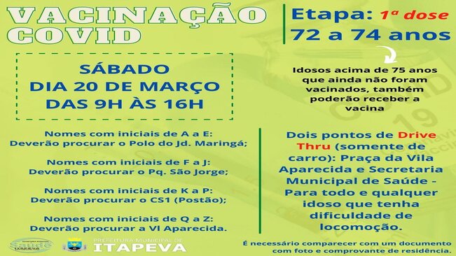 Idosos de 72 a 74 anos serão vacinados neste sábado, dia 20 de março