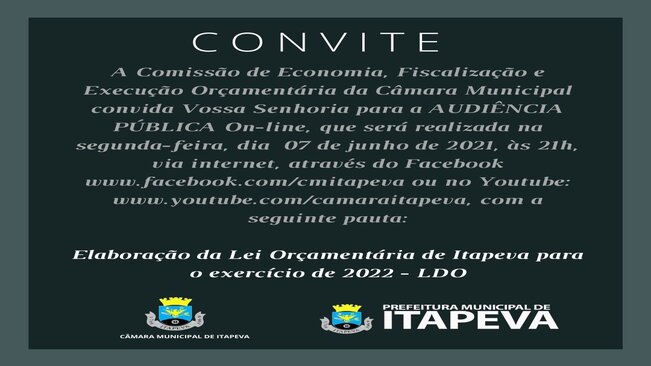 Audiência pública on-line sobre Projeto de Lei do Poder Executivo da LDO será dia 7 de junho