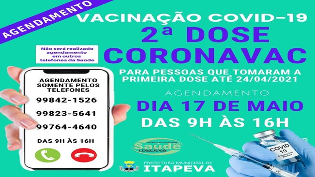 Agendamento para a 2ª dose de Coronavac será na próxima segunda-feira, dia 17