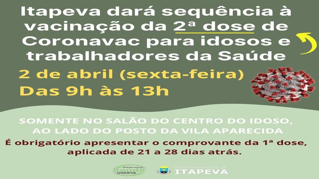 Itapeva dará sequência à vacinação da 2ª dose de Coronavac para idosos e trabalhadores da Saúde