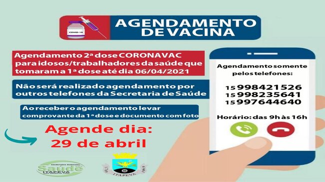 Agendamento para a 2ª dose de Coronavac será nesta quinta-feira, dia 29