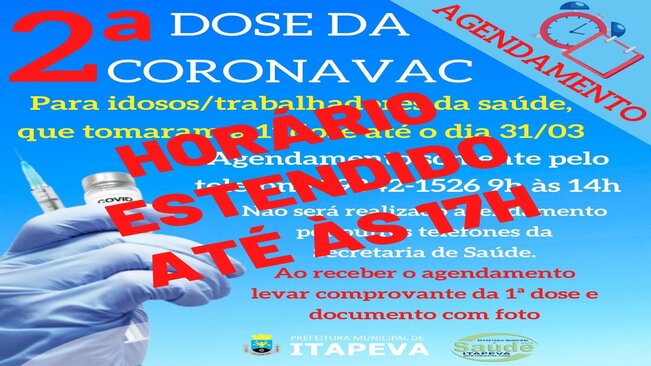 Agendamento da Segunda dose da Coronavac tem horário estendido