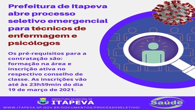 Prefeitura de Itapeva abre processo seletivo emergencial para técnicos de enfermagem e psicólogos