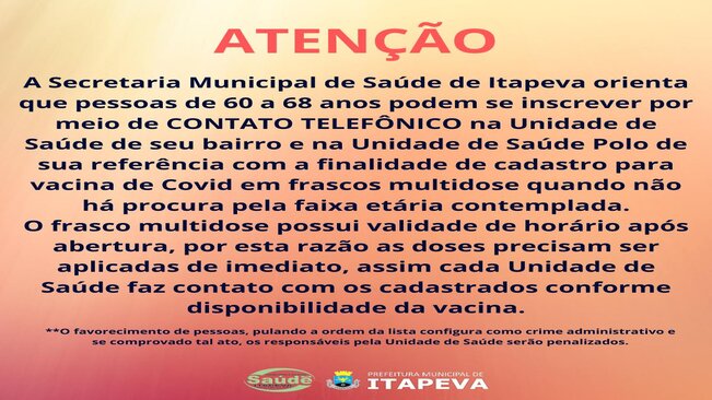 Idosos entre 60 e 68 anos podem se inscrever para receber vacina contra a Covid