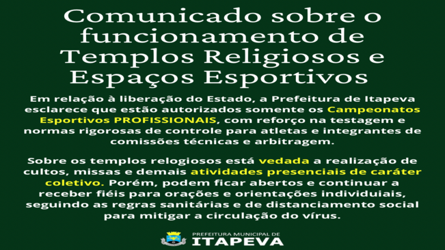 Comunicado sobre o funcionamento de templos religiosos e espaços esportivos