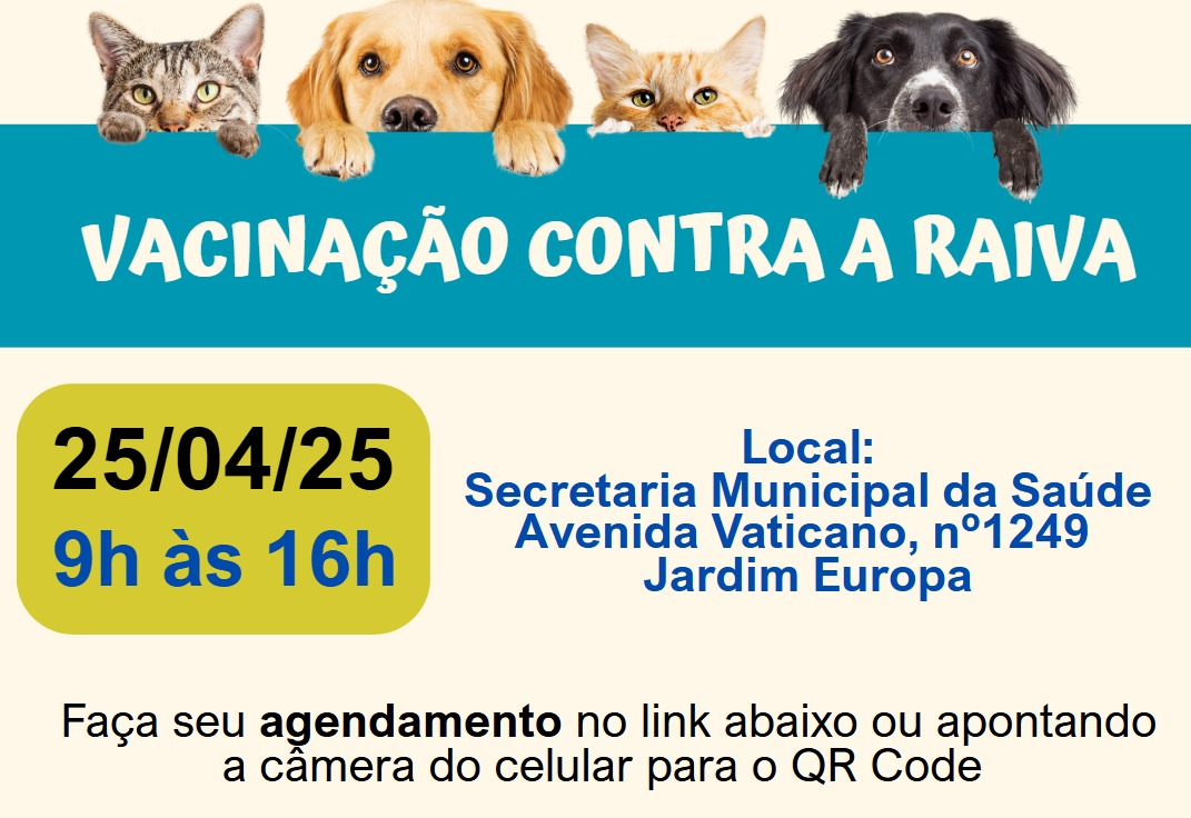 Prefeitura abre agendamento para vacinação contra raiva animal de cães e gatos
