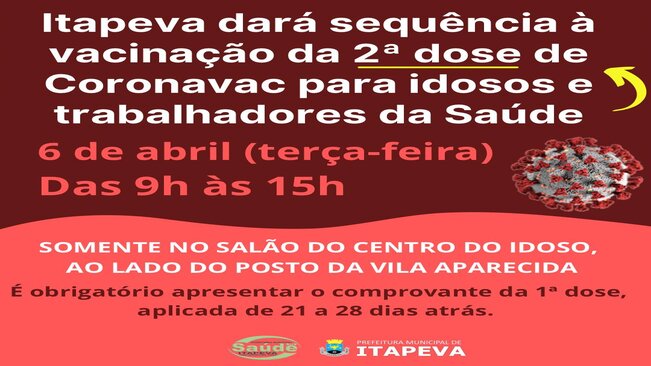Itapeva dará sequência à vacinação da 2ª dose de Coronavac para idosos e trabalhadores da Saúde