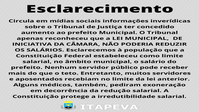 Nota de esclarecimento da Prefeitura sobre salário do prefeito municipal