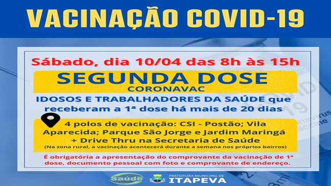 Itapeva dará sequência à vacinação da 2ª dose de Coronavac para idosos e trabalhadores da Saúde