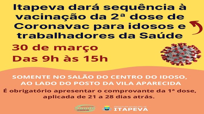 Itapeva dará sequência à vacinação da 2ª dose de Coronavac para idosos e trabalhadores da Saúde