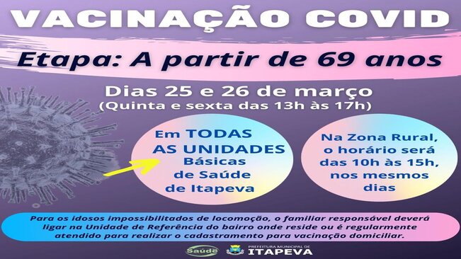 Idosos a partir de 69 anos serão vacinados nesta quinta e sexta, dias 25 e 26 de março